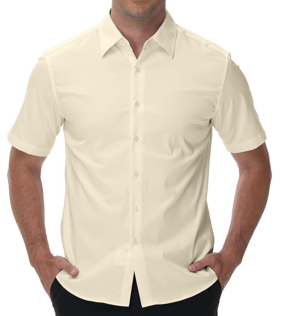 EOUOSS Men's Short Sleeve Dress Shirts Wrinkle Free Stretch Formal Wedding Prom Regular Fit Button Down Shirt Beige Small (S)