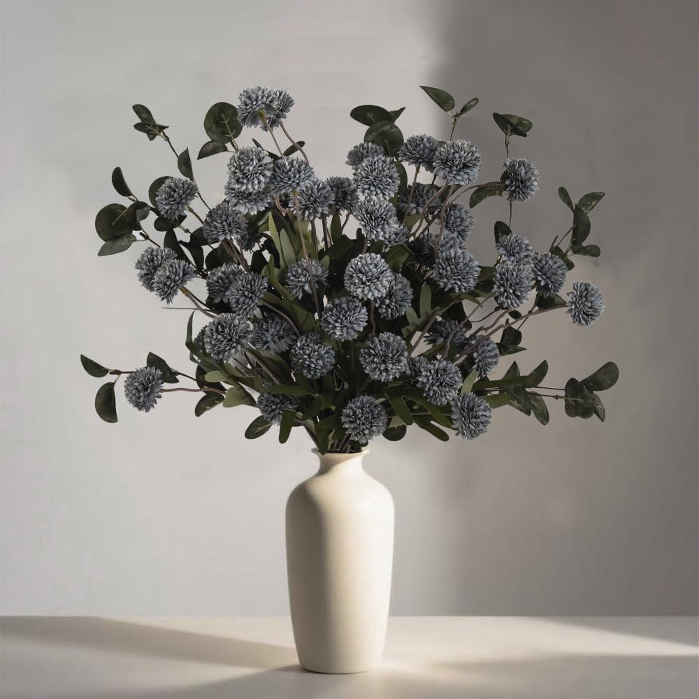 LESING 10ps Long Stem Artificial Flowers with Eucalyptus, Fake Silk Tall Chrysanthemums Ball Flower Stems Artificial Faux Pompon Mum Flowers Bulk Floral Arrangements Decoration (Blue,10pcs)