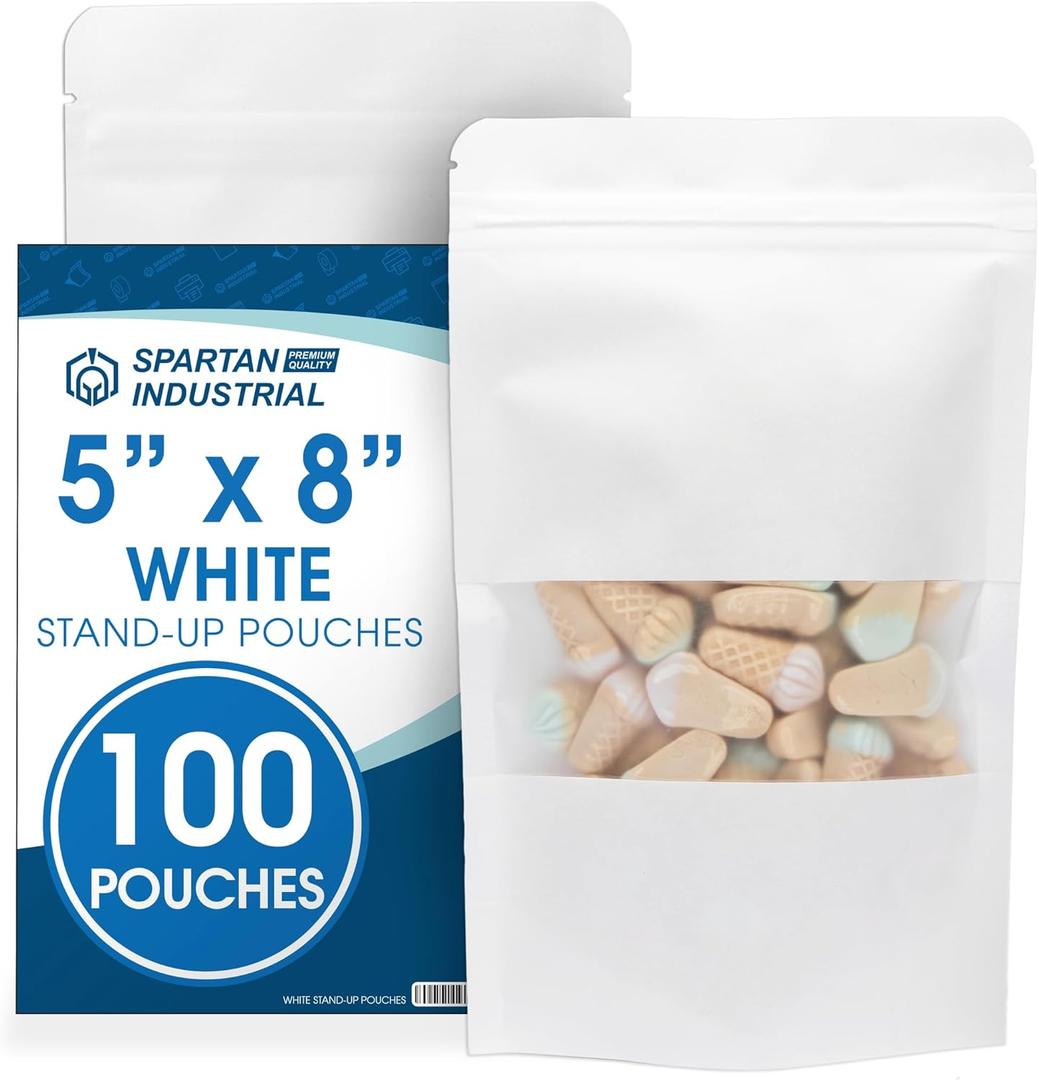 Spartan Industrial - 5" X 8" White Zip Top Food Bags - Pack of 100 Resealable Smell-Proof Pouches for Packaging Coffee, Tea, Spices, Snacks, and More