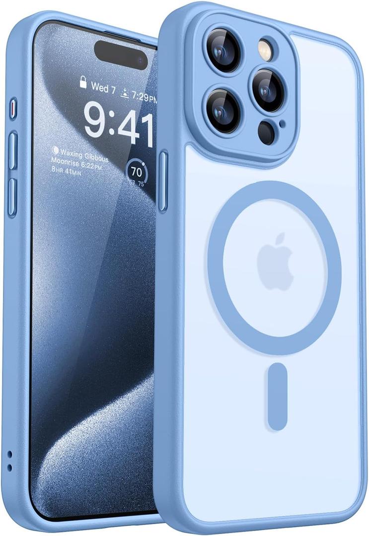 Magnetic Compatible with iPhone 15 Pro Max Case, Upgraded [Full Camera Protection] [Compatible with Magsafe] [Translucent Matte] Shockproof Protective Phone Case Cover 6.7 Inch - Light Blue