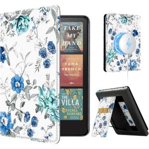 CoBak Stand Case for 7" Kindle Paperwhite 12th Gen 2024 and Kindle Colorsoft with Hand Strap - Compatible with iPhone MagSafe, for Samsung/Belkin/Anker Wireless Charging Pads, Durable, Auto Sleep Wake (Blue Blossom)