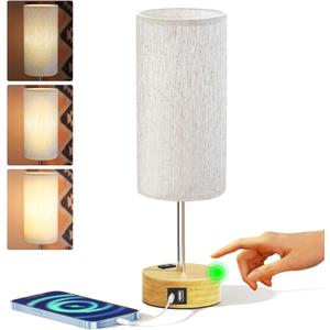 KPQ Small Bedside Lamp Touch Control Table Lamp with USB A+C Charging Ports & AC Outlet 3-Way Dimmable Nightstand Lamp with Linen Fabric Shade for Bedroom Living Room