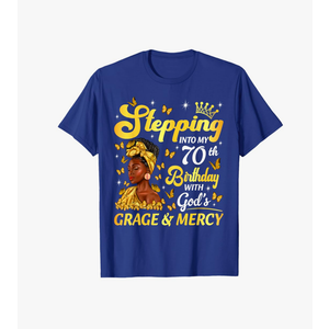 Stepping Into My 70th Birthday Afro Woman Religious Birthday T-Shirt(XXL) Stepping Into My 70th Birthday Afro Woman Religious Birthday T-Shirt(XXL)