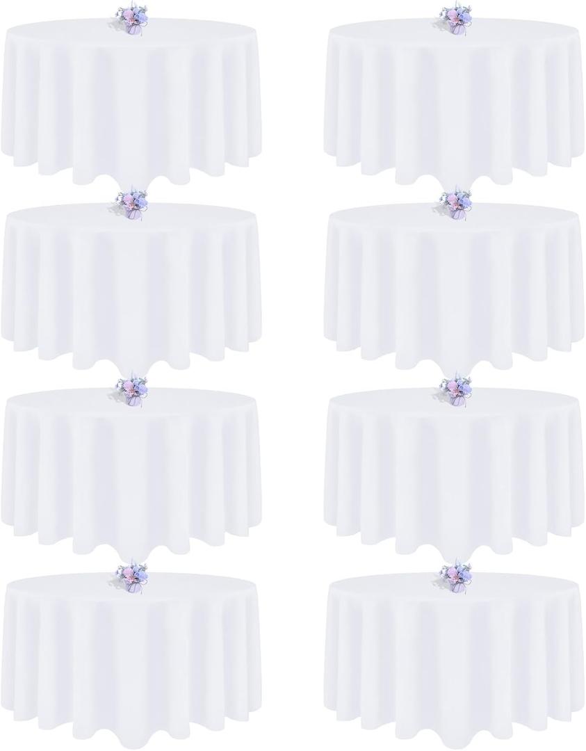 8 Pack White Round Tablecloth 90 Inch Round Table Cloth, Wrinkle Resistant and Washable Tablecloth Polyester Fabric Table Cloth Round Cover for Dining Wedding Banquet Party