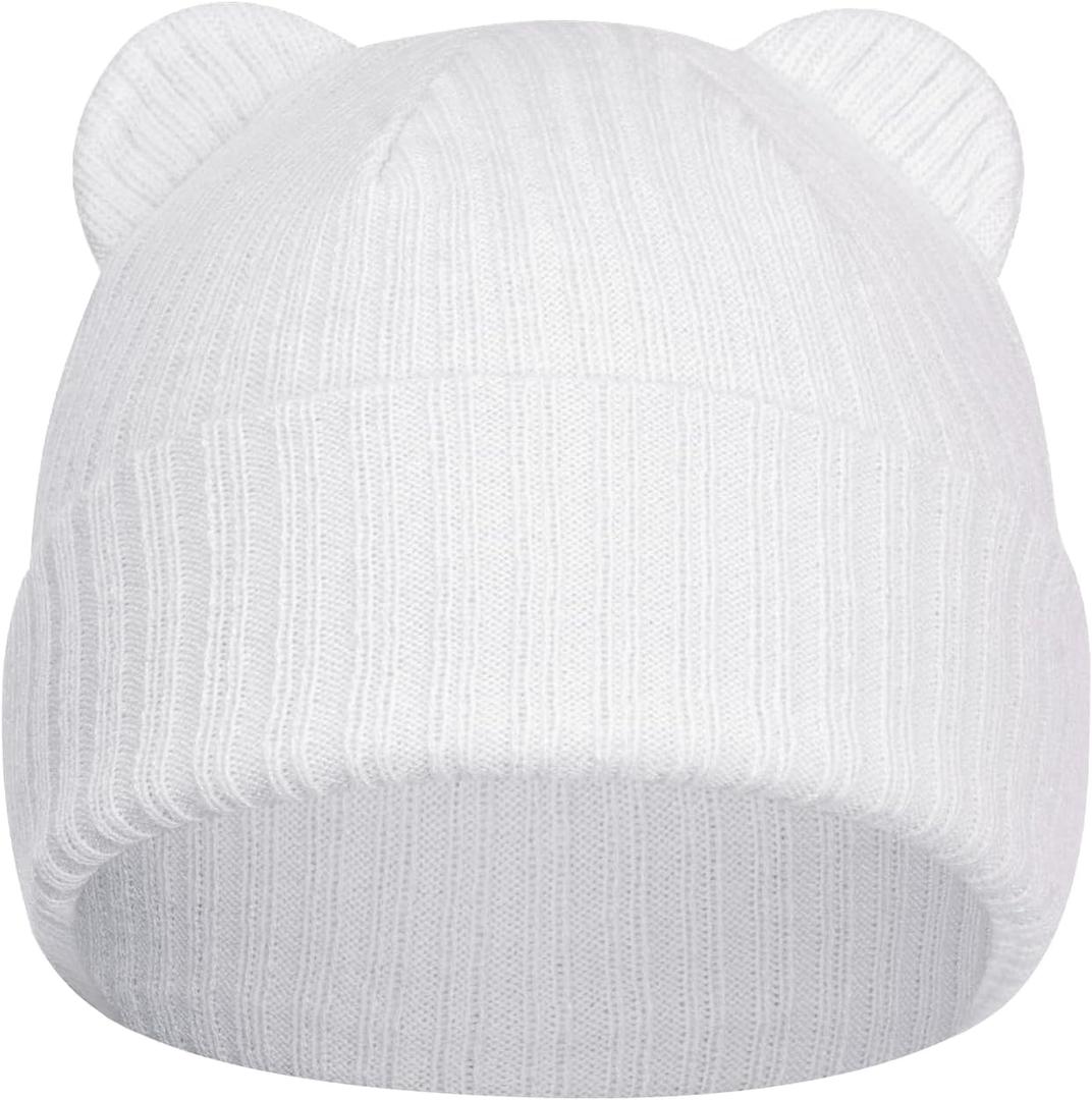 Baby Beanie Infant Winter Hat with Bear Ear Knit Skull Cap for Toddler Baby Boys Girls for Cold Weather Essentials (0-3T, White)