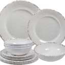 Farmhouse Melamine Dinnerware Sets,12 Pieces Dishes Dinnerware Set,Service for 4 Lightweight Kitchen Plates and Bowls Sets, Great for Casual dining and Outdoor Parties Camping or RVs, White