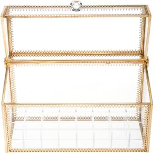 HighFree 24 Slots Glass Lipstick Organizer - Gold Vintage Transparent Display Box With Lid & Removable Dividers for Lip Gloss