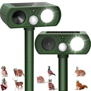 2PACK Solar Ultrasonic Animal Repellent Outdoor, Deer Repellent Devices Squirrel Cat Raccoon Rabbit Dog Deterrent, Keep Rodent Chipmunk Away Motion Detection with Flash Light for Yard Garden Lawn