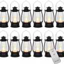 12PCS Black Mini Lanterns with Remote Control, 5.1" H/13cm (6.7" H with Handle) Vintage LED Lantern Decorative - Christmas Table Centerpieces, Western Party Decorations & Camping Party Decor
