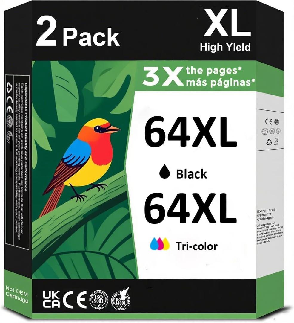 Printer Ink 64XL Ink Cartridge for HP Ink 64 XL 64XL Black and Color Combo Pack High Yield Replacement for HP Printers 7858 7855 7120 7155 7158 7164 6255 6252 6232 Envy Inspire 7955e Tango X Printers