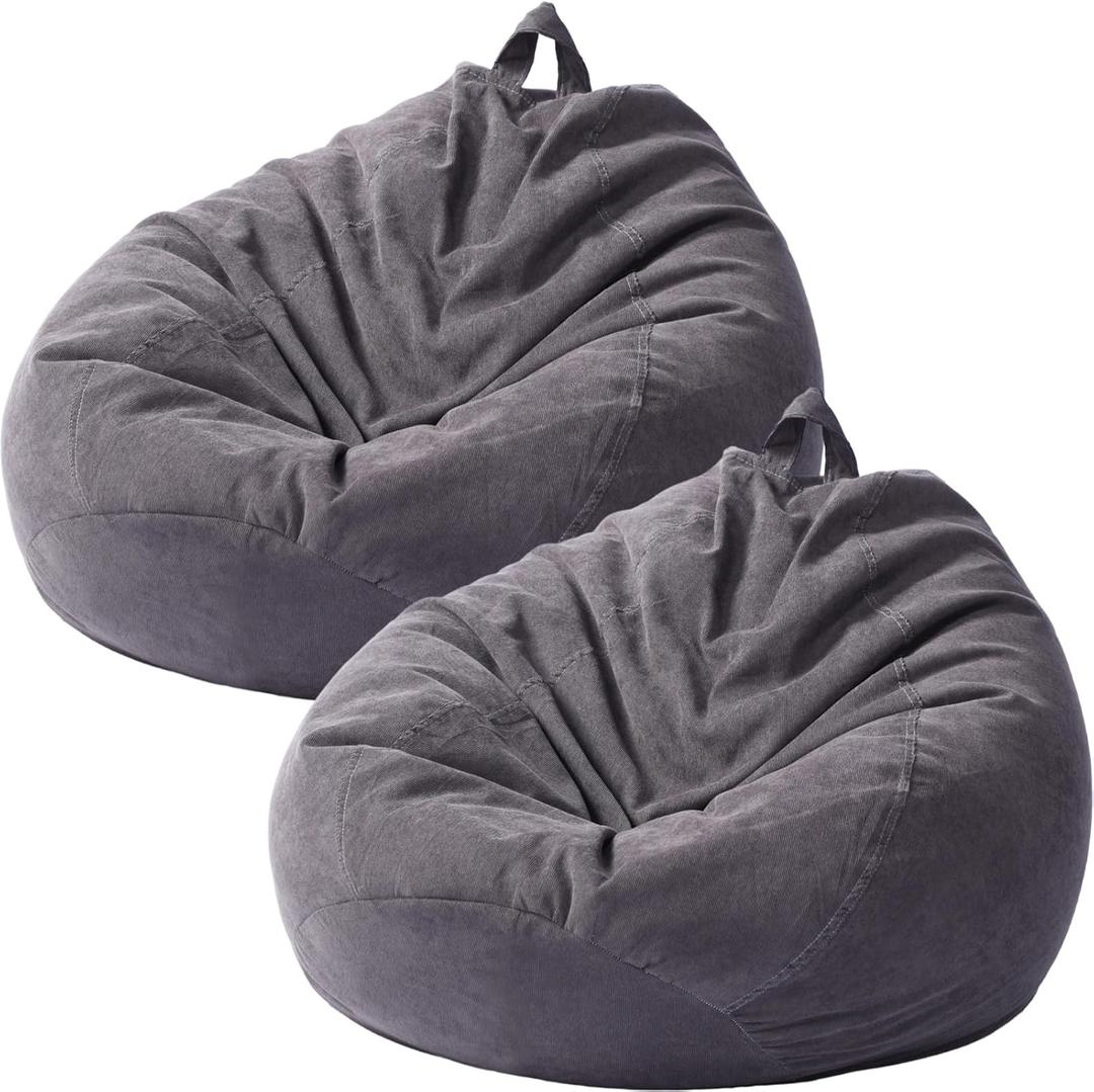 Tranqun 2 Pcs Bean Bag Cover Chair Cover Soft Corduroy Stuffed Animal Bean Bag Storage for Adults Indoor Bedroom Organizing Plush Toys, (200l, Dark Grey)