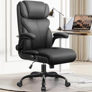 Office Chair, Ergonomic Big and Tall Computer Desk Chairs, Executive Breathable Leather Chair with Adjustable High Back Flip-up Armrests, Lumbar Support Swivel PC Chair with Rocking Function (5066H, Matte Black)