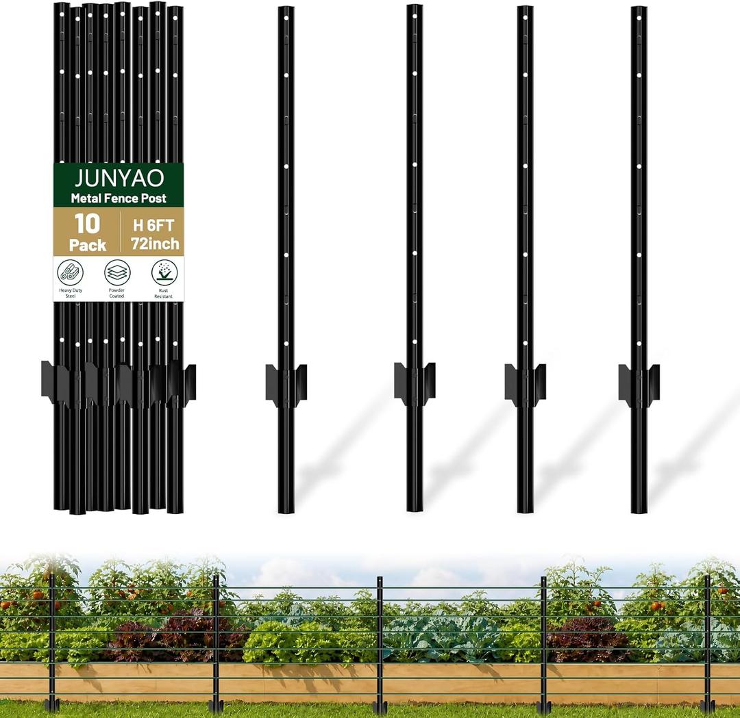 Fence Posts 6FT, 10 Pack Metal U Posts for Wire Fence, Heavy Duty Garden Fence Posts with Reinforced Anchor Plate, No Dig Rustproof Steel Fence Stakes for Yard, Farm, Chicken Wire, Temporary Fencing