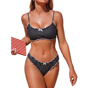 ZAFUL Womens Bikini Set 2 Piece Swimsuit Bandeau Top Cute Plaid Ruffled Bow Decor Cheeky Bathing Suits (XL)