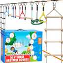 Hyponix Ninja Warrior Obstacle Course for Kids – 2 x 50 ft Slackline with 10 Outdoor Ninja Obstacles, Supports 880lbs – Monkey Net, Ratchet-Tight Tech, Climbing, Swinging & Balance Training, Ages 3+