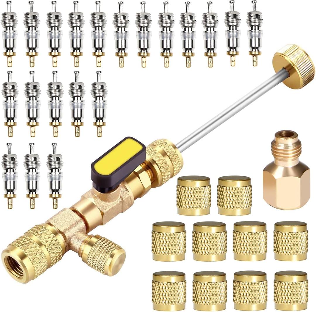 Valve Core Remover Installer Tool, with Dual Size SAE 1/4 and 5/16 Brass Port, 20 PCS Valve Cores and 10 PCS Brass Nuts, Valve core Tool for R22 R12 R407 R410 R404 R32 R600 A/C