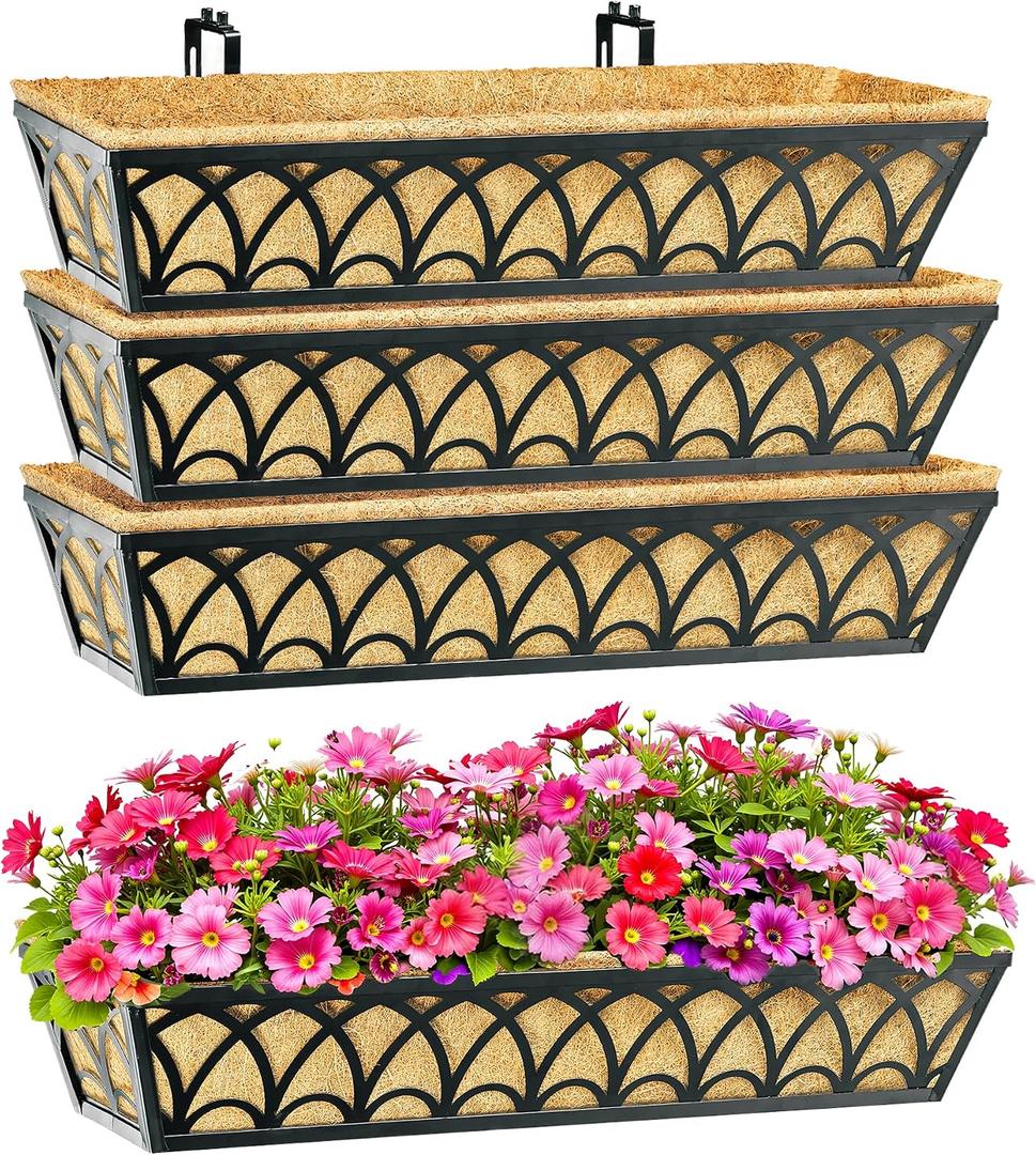 30 Inch Railing Planter Box Window Boxes Planters - 4 Pack Deck Railing Planter Boxes with Adjustable Brackets Coco Liners Balcony Planters Railing Hanging for Window Flower Boxes Outdoor Garden Decor