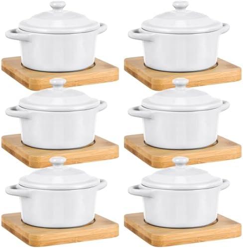 Mimorou 6 Set Only4oz Ceramic Mini Cocotte Set with Lid and Wooden Base Pumpkin Bowl Set with Handle Ceramic Soup Bowls Baking Ramekins Round Casserole for Home Thanksgiving Pumpkin Dish(White)