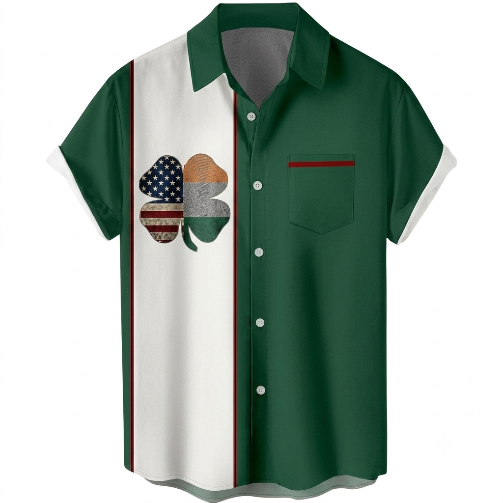 Mens 2026 ST Patricks Day Shirts Clover ST Pattys Day Funny Hat Dwarf Green Printed Short Sleeve Button Down Shirt Flag, M
