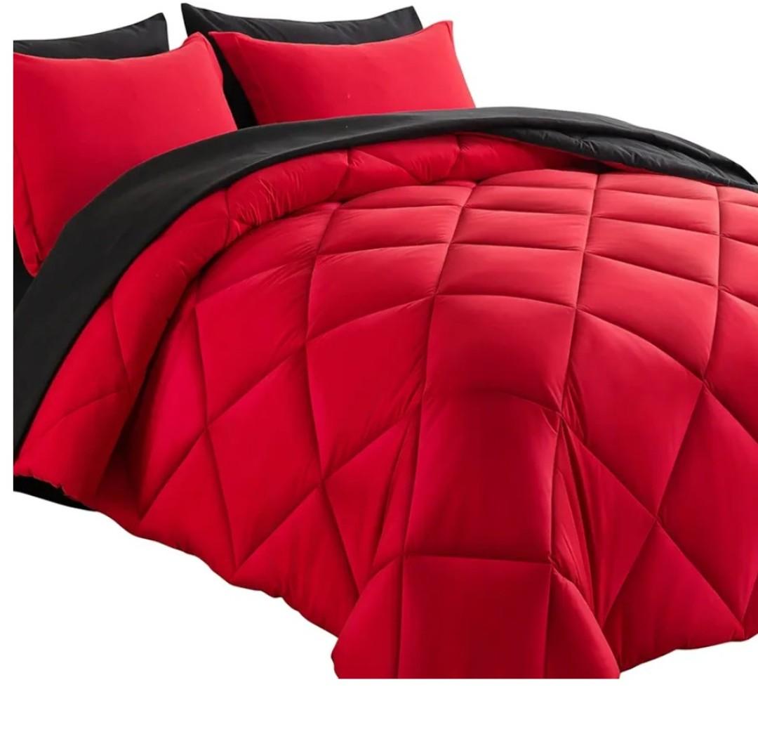 Cosybay Bed in a Bag King Reversible Comforter Sets 7pcs All Season Down Alternative Bedding Sets Red and Black with Comforter, Pillow Shams, Flat Sheet, Fitted Sheet and Pillowcase