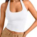 Trendy Queen Halter Tops for Women 2025 Summer Going Out Tops Backless Crop Sleeveless Workout Shirts Cute Y2k Clothes (Medium, White)