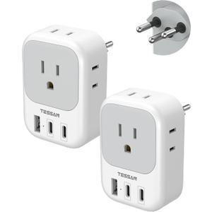 Switzerland Travel Plug Adapter 2 Pack, TESSAN Type J Switzerland power adapter with 4 Outlets 3 USB (2 USB-C), Swiss Plug for US to Rwanda Jordan Liechtenstein Madagascar, Travel Essentials