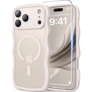 DOMAVER for iPhone 17 Pro Max Case for Women, 1X Screen Protector+1X Wrist Strap, [Compatible with MagSafe] [Full Camera Protection] Cute Wave Matte Phone Case for iPhone 17 Pro Max, Stone White