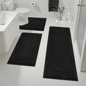 Pauwer Bathroom Rugs Sets 3 Piece Bathroom Shower Rugs with U-Shaped Contour Toilet Mat Absorbent Microfiber Plush Bath Mats Non Slip Bath Rugs Machine Washable Shaggy Bath Mat Set, Black (18"x26"+18"x48"+U Shape 20"x24")