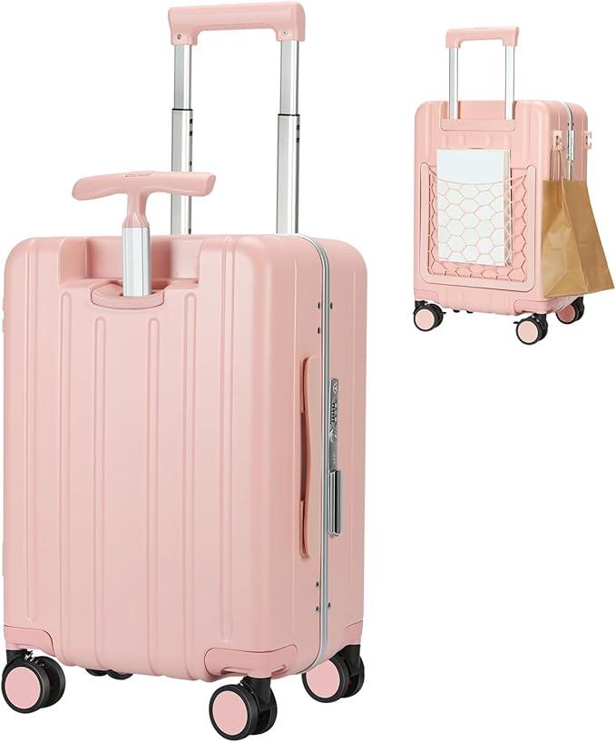 MRPLUM Carry On Luggage Double Handle Suitcase with Net Pocket,Hard Shell Spinner Wheels Luggage with TSA Lock&Seat Belt, 20 Inch, Pink