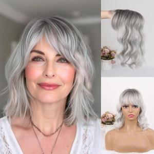 CINHOO Short Curly Wavy Grey Hair Toppers for Women with Thinning Hair,14inch Toppers Hair Pieces for Women with Bangs Synthetic 360 3D Hairpiece Clip in Bob Wigs(Ombre gray)