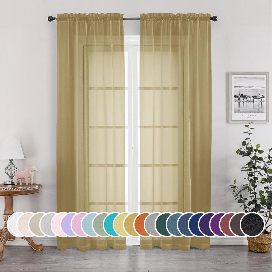 OWENIE Gold Sheer Curtains 84 Inch Length 2 Panels Set, Light Filtering Voile Fimly Sheer Drapes for Living Room/Bedroom, 2pcs, Gold Solid Rod Pocket Sheer Curtains, Each 42" W x 84" L