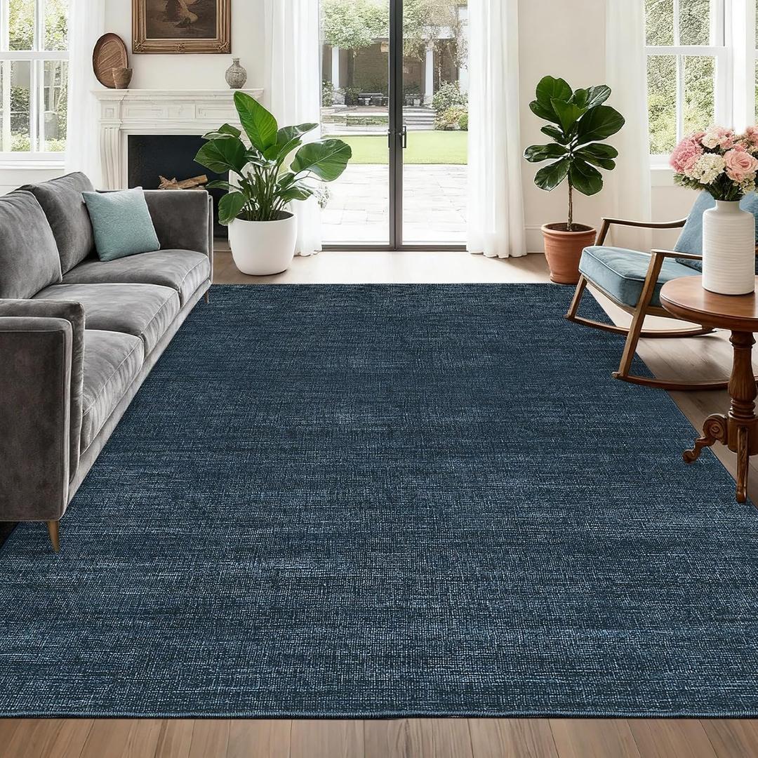5x7 Washable Rugs Non Slip Minimalist Area Rug for Bedroom Soft Low Pile Solid Color Large Bedroom Throw Carpet Stain Resistant Classic Neutral Area Rug Plain Boho Rugs for Kitchen Nursery, Navy