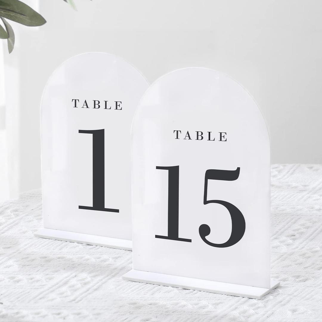 UNIQOOO White Arch Wedding Table Numbers with Stands 1-15, 5x7" Acrylic Signs and Holders, Perfect for Centerpiece, Reception, Decoration, Party, Anniversary, Event (Classic White (Black Font))