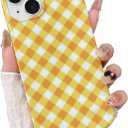 for iPhone 14 Case, Cute Gingham Pattern Aesthetic Phone Case, Stylish Shockproof Soft TPU Phone Cover for Women Girls, Light Yellow
