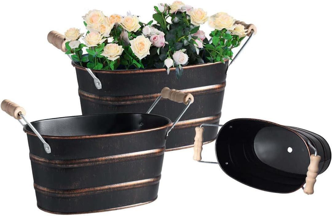 Galvanized Metal Oval Planter Buckets with Handles  Set of 3 Rustic Farmhouse Flower Tubs with Drain Holes & Plugs, Vintage Small Pots for Herbs, Succulents, Wedding or Tabletop Decor (Black)