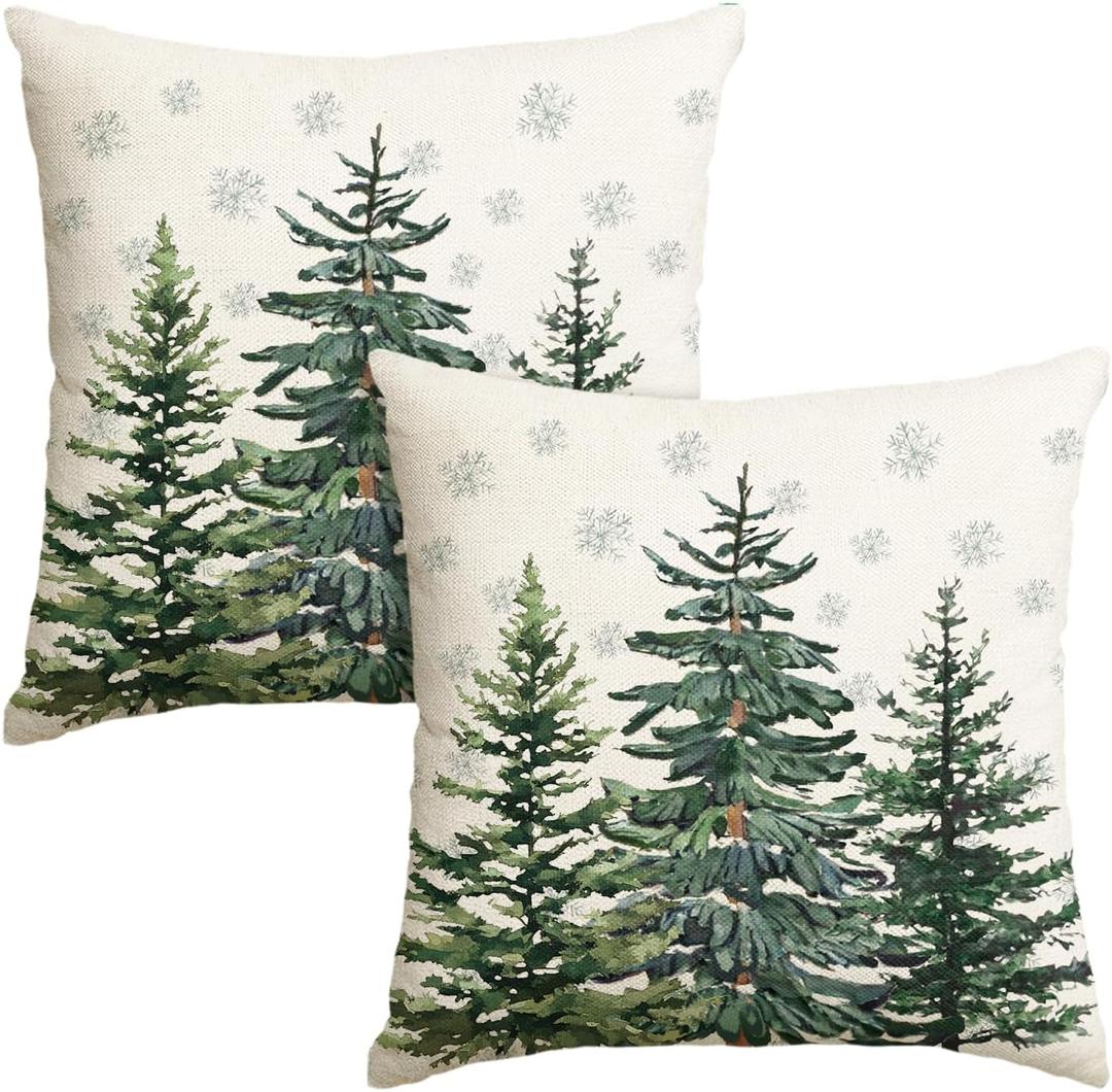AVOIN colorlife Christmas Trees Snowflake Throw Pillow Covers Set of 2, 20 x 20 Inch Winter Holiday Cushion Case Decoration for Sofa Couch (Green)