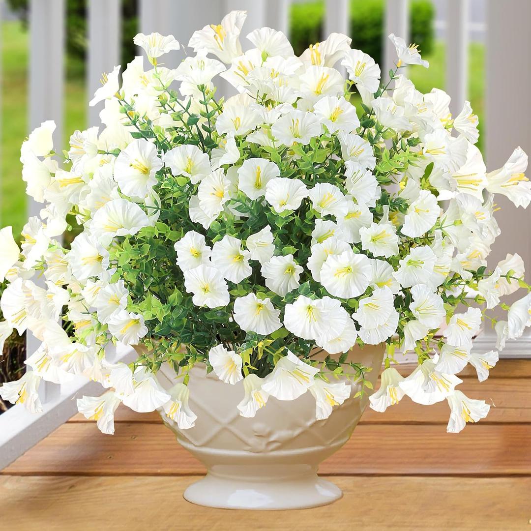 Artificial Flowers for Outdoors 12 Bundles Realistic Faux Plants UV Resistant Fake Silk Morning Glory with Eucalyptus for Front Door Planter Patio Porch Outside Spring Summer Decoration (White)