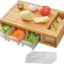 Bamboo Cutting Board with 4 Trays, Large Chopping Board with Containers, Juice Grooves, Easy-grip Handles & Food Sliding Opening, Carving Board with Trays for Food Storage