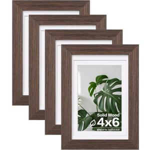 Egofine 4x6 Picture Frames Set of 4, Made of Solid Wood Covered by Plexiglass 3x4.5 and 3.5x5 with Mat or 4x6 without Mat, for Table Top Display and Wall Mounting Photo Frame Brown