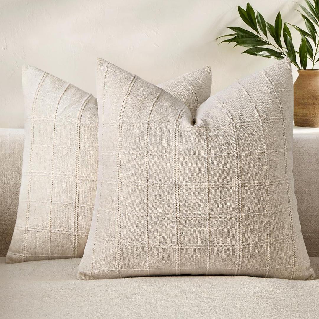 Woaboy Linen Check Throw Pillow Covers Set of 2 - Natural Beige Farmhouse Modern Boho Vintage Decorative Cushion Covers for Sofa Couch Bedroom Living Room Decor 18x18 Inch