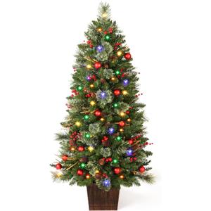 Christmas Tree, 4 FT Front Door Christmas Trees Pre-lit Potted Artificial Tree with Lights, Pine Cones & Red Berries & Ball, Outdoor Tree & Potted Stand Trees for Porch Table Xmas Outdoor Indoor