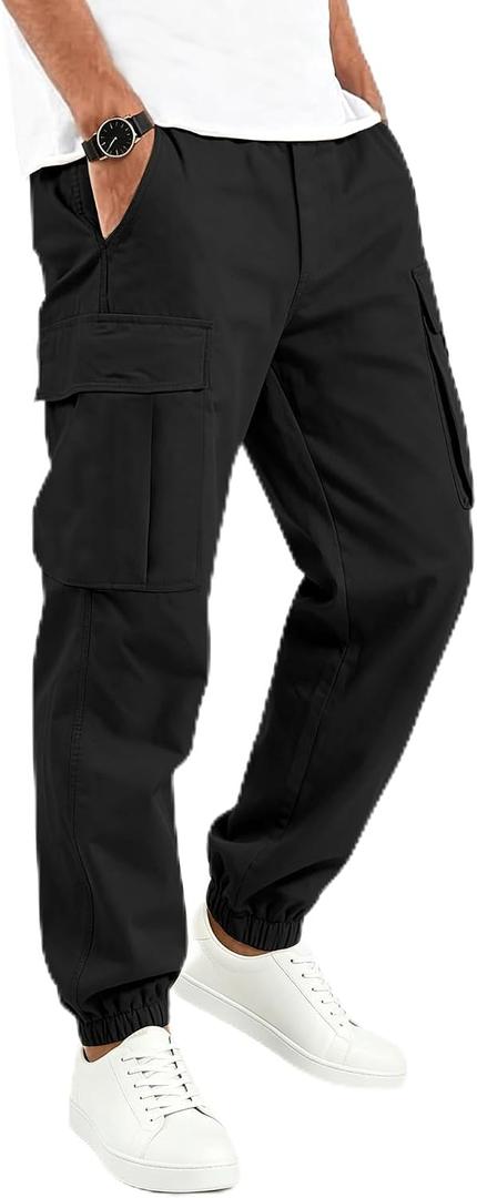Mens Cargo Joggers Elastic Waist Stretch Sweatpants with 5 Pockets (Black, L)