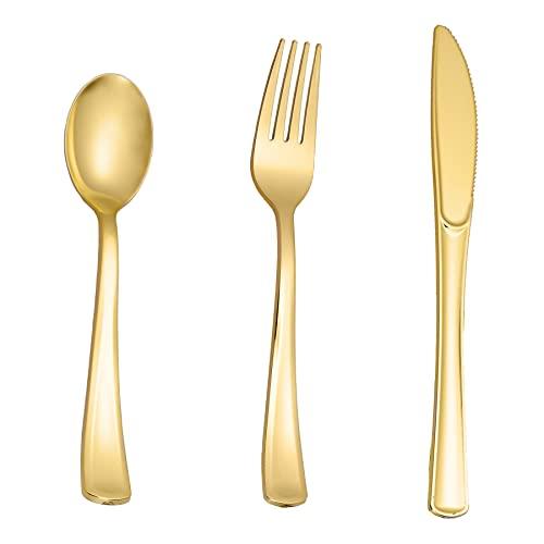N9R 160pcs Gold Plastic Silverware - Gold Plastic Utensils Set - Tableware Flatware Kit 80 Forks, 40 Spoons, 40 Knives Disposable Cutlery Set for Party, Wedding, Birthday