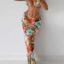 Women's Long Skirt Bikini Set Floral Print High Slit Halter Top Swimsuit Tie Side Beach Vacation Cover Up (XS)