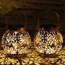 JOIEDOMI 2 Pack Outdoor Solar Hanging Lantern Lights, Waterproof Tabletop with Handle, LED Moroccan Lanterns, Metal Decorative Garden Solar Lights Christmas for Patio, Lawn, Porch, Backyard