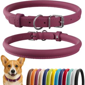 CollarDirect Rolled Leather Dog Collar, Soft Padded Round Puppy Collar, Handmade Genuine Leather Collar Dog Small Large Cat Collars 13 Colors (11-14 Inch, Pink Smooth)