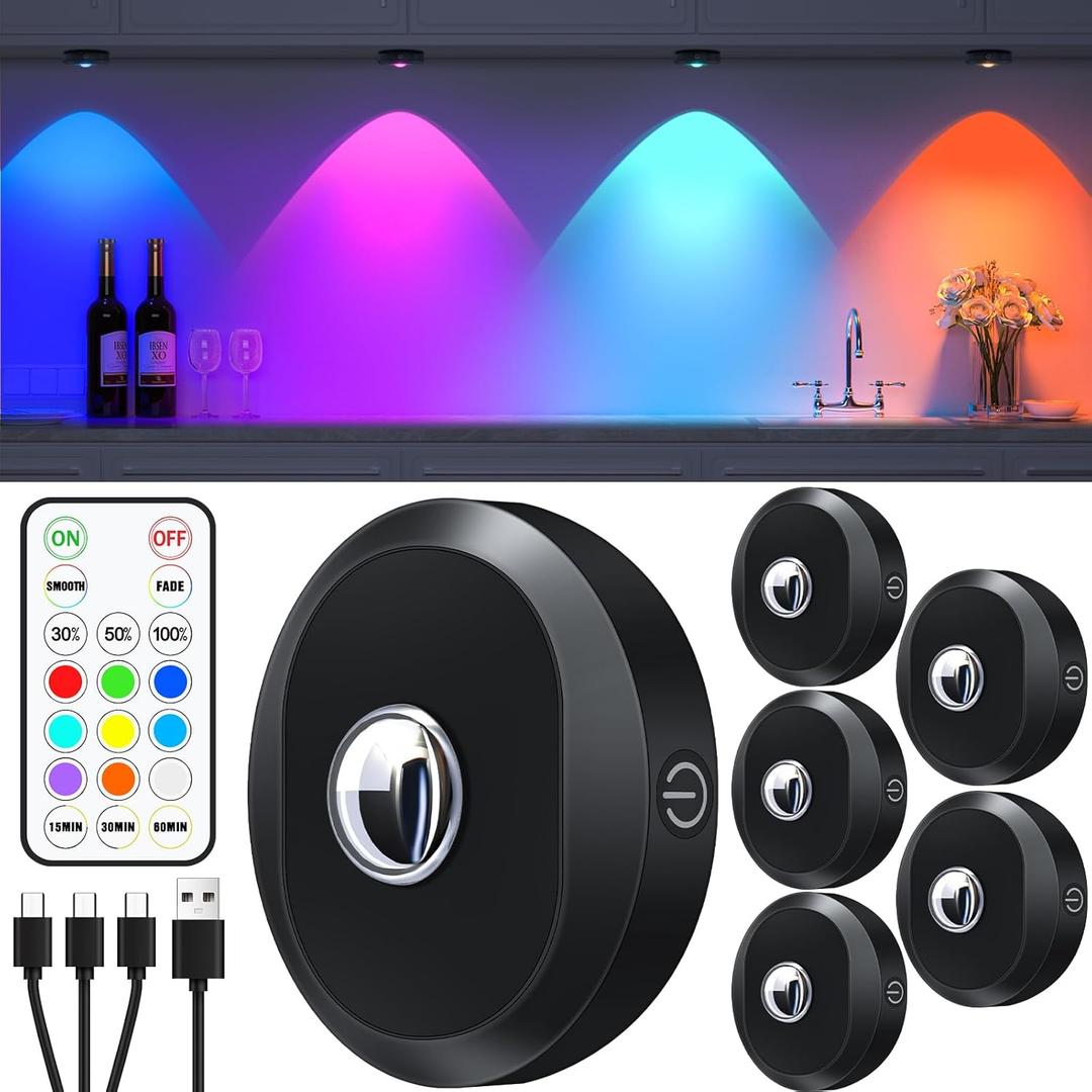 WILLED Rechargeable RGB Puck Lights with Remote Control, 1200mAh Battery Operated Tap Lights, Dimmable Touch Under Cabinet Lighting, Wireless Push Light, LED USB Shelf Light (6 Pack) (Black)