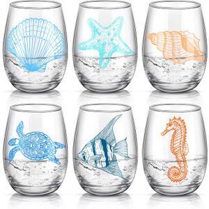 6 Pcs Ocean Stemless Wine Glasses Sea Beach Turtle Starfish Sea Conch Seashore Glassware Bottle Glass Cute No Stem Drinking Glassware for Women Men Christmas Birthday Wine Lovers Gifts