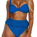 Saodimallsu Womens 2 Piece High Waisted Swimsuit Ruffle Bikini Sets Twist Knot Ribbed Bathing Suits (Small, Blue)