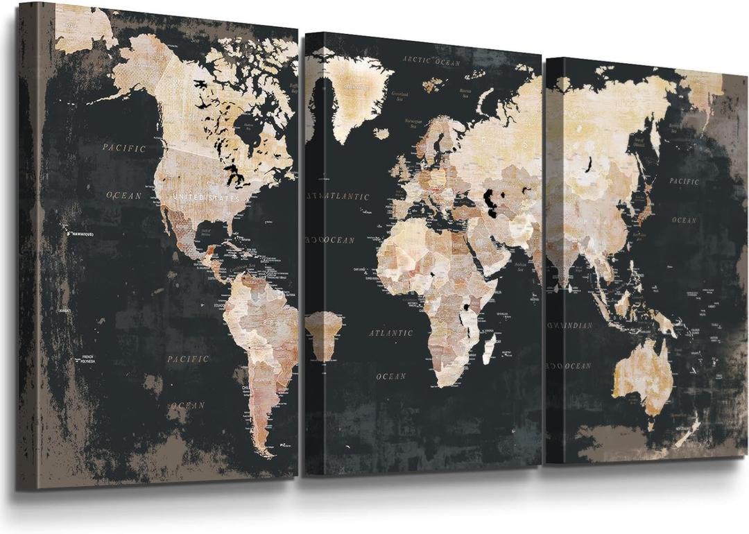 Office Wall Art for Living Room Bedroom Wall Decor Framed World Maps Black White Brown Pictures for Wall Decorations Vintage Decor (Overall 48''W x 24''H)